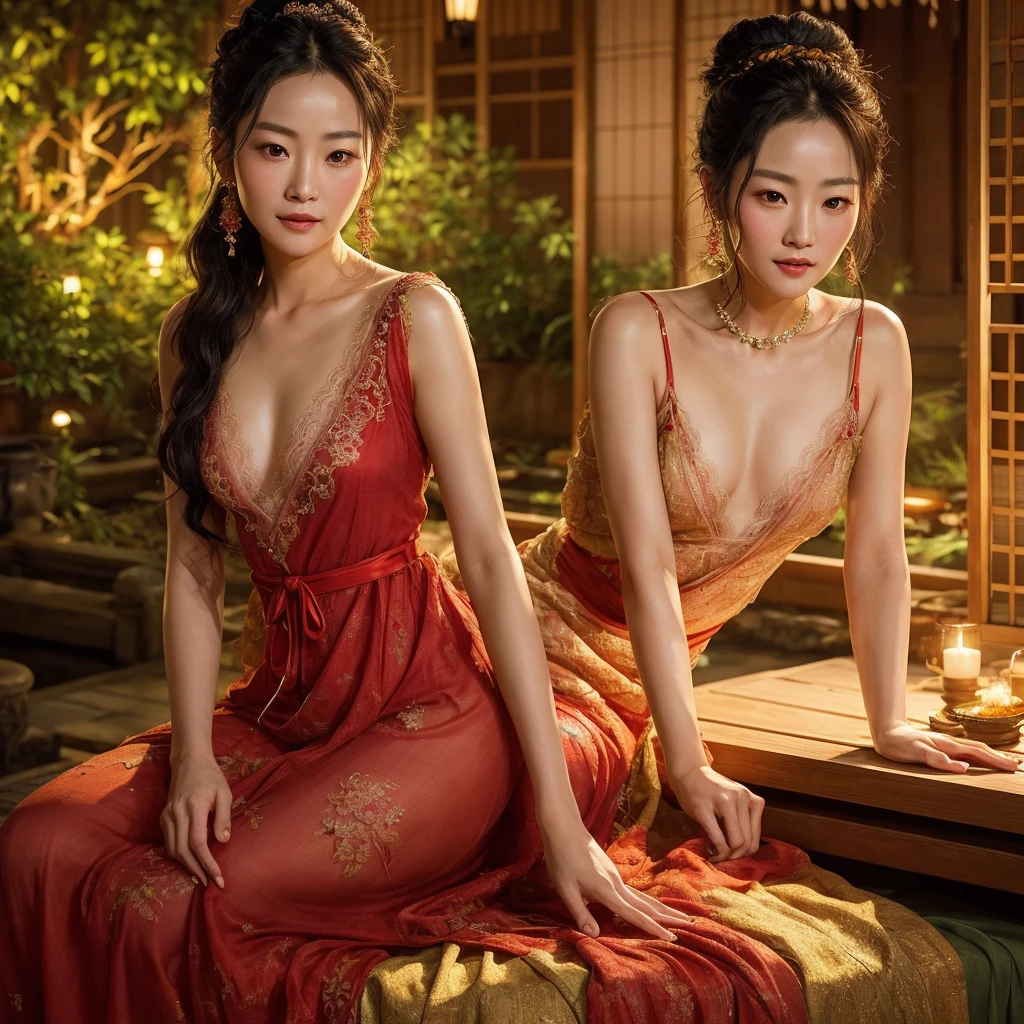 Majestic Masterpiece, a captivating Asian beauty, (Gong Li: Zhang Ziyi:0.5), adorned in a delicate nightgown with a thin lace deep slit chest, revealing her very round and tight breasts. Her pretty face is framed by long, dark, flowing hair, tied in a loose bun. The enchanting setting is a meticulously detailed Japanese-style garden, bathed in the soft glow of a dark studio, with border light and two-tone lighting casting a magical import style. This exquisite image, captured with a high-quality DSLR camera, showcases a photo-realistic depiction of the model's high detail