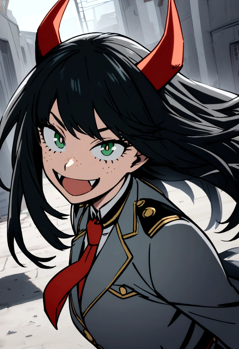 Screenshot of boku no hero academia beautiful dragon girl with four red horns very long black hair green eyes with freckles wearing red tie uniform and gray jacket smiling showing sharp fangs looking at the camera