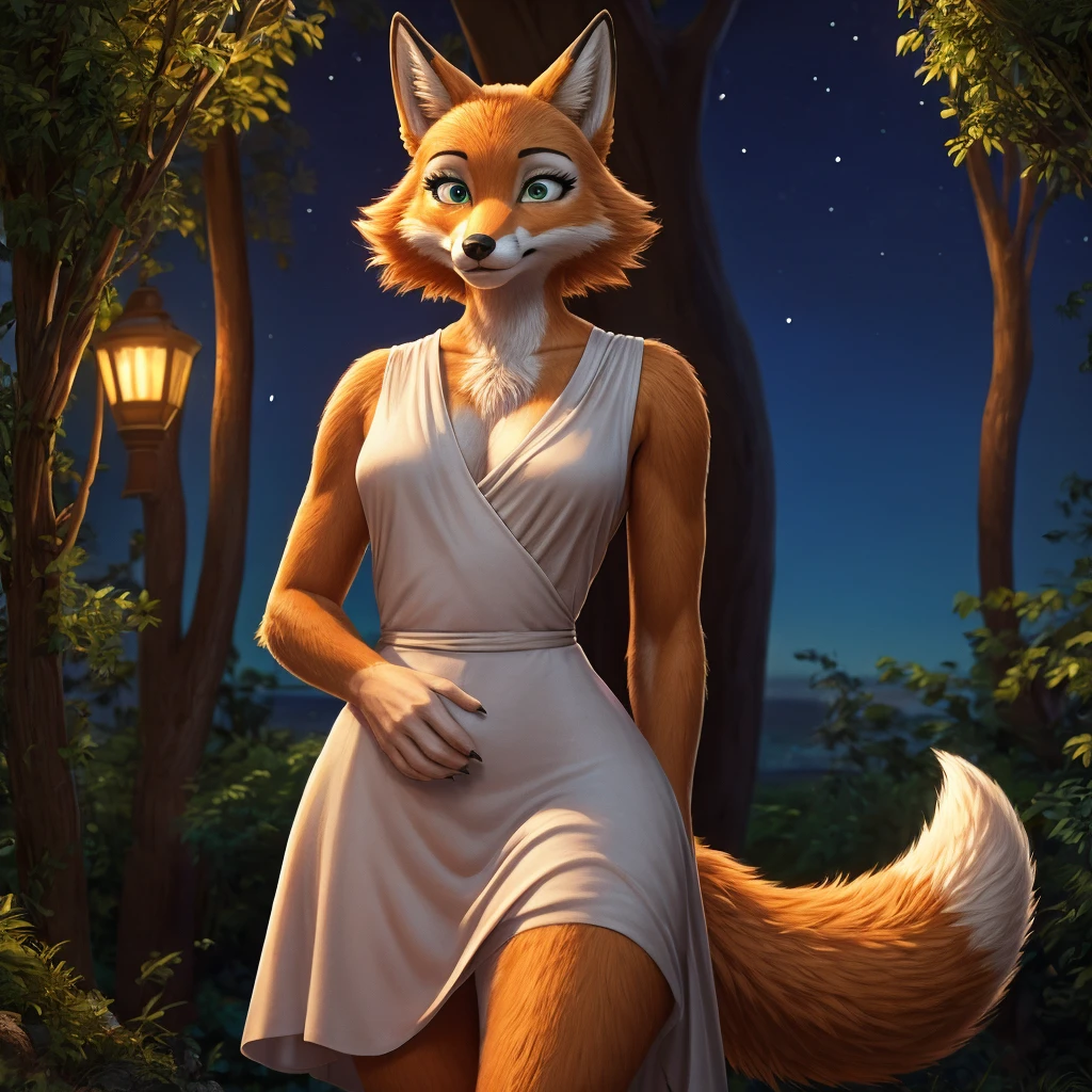 Diane is a tall, beautiful, pear-shaped ginger-furred anthropomorphic red fox, possessing pale-apricot patches lightly placed around her eyes, muzzle to her chest, insides of her pointy ears, the front of her paws, and the tip of her bushy tail. She has the traditional fluffy face-fur and black lip-liner, sharp black eyebrows with the left one having two small, circular-shaped silver piercings, tiny black claws and a small dusty-pink nose. Her most distinctive feature is her wide oval-like eyes, which possesses emerald irises and small yet fluttery-like eyelashes. She uses a blue long dress, anthro fox, female, adult, orange fur, buffed body, tail, sexy, beefy body, furred body, furry chest hair, realistic, full body, photorealistic, ultra realistic, 8k, night, bare-chested