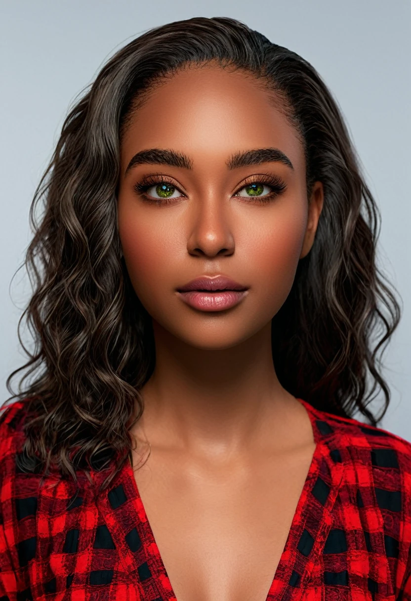 A beautiful woman, beautiful Latin face, young Brazilian Nyvi Estephan, Brazilian supermodel, serene and elegant beauty, Angolan descent, young adult 30 years old, nerdy woman, tall woman, a stunning black woman, with indigenous features, beautiful indigenous girl, native Brazilian, ((An indigenous African girl with European ebony)), ((her beauty is undeniable)), beautiful young ebony with dark skin, tanned Mexican, black hair with brown highlights, black curly hair with brown highlights, voluminous black hair with Brown highlights, vibrant and dynamic cut with soft waves can add a modern and stylish touch. Has an exotic beauty with beautiful green eyes, realistic green eyes, bright green eyes, ultra detailed green eyes, ultra realistic green eyes, natural green eyes, ultra detailed iris, perfect eyes, perfect iris, hyper realistic eyes, eyeliner, long eyelashes and defined, penetrating gaze that conveys confidence, striking, powerful expression, strong presence, striking makeup, vibrant red lipstick, full lips, voluminous lips, seductive lips, captivating, striking, unforgettable, dazzling and mischievous smile, wide smile, your features are captivating , subtle smile on his lips. beautiful and detailed face, detailed skin texture, Notice her perfectly shaped eyebrows, which arch gracefully above her eyes, small nose that is proportionate to her face, and soft contour of her face that accentuates her high cheekbones. Beautiful and glowing skin, intricate details, smooth skin, healthy and radiant appearance, Attractive slim woman, Average bust, Average and beautiful breasts, athletic physique, flat stomach, slim waist, huge hips, wide hips, big ass, thick thighs, legs shapely concept art. She wears a red and black plaid shirt with long sleeves, a short black latex skirt and long black knee-high boots. 3D 4k, high resolution, full sharpness photo realistic, breathtaking, Lentille nette, Photographie professionnelle, Objectif 70mm, Unreal Engine 5, wallpaper, colorful
