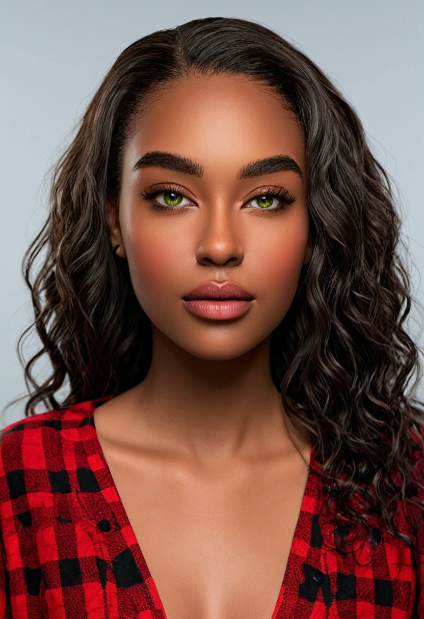 A beautiful woman, beautiful Latin face, young Brazilian Nyvi Estephan, Brazilian supermodel, serene and elegant beauty, Angolan descent, young adult 30 years old, nerdy woman, tall woman, a stunning black woman, with indigenous features, beautiful indigenous girl, native Brazilian, ((An indigenous African girl with European ebony)), ((her beauty is undeniable)), beautiful young ebony with dark skin, tanned Mexican, black hair with brown highlights, black curly hair with brown highlights, voluminous black hair with Brown highlights, vibrant and dynamic cut with soft waves can add a modern and stylish touch. Has an exotic beauty with beautiful green eyes, realistic green eyes, bright green eyes, ultra detailed green eyes, ultra realistic green eyes, natural green eyes, ultra detailed iris, perfect eyes, perfect iris, hyper realistic eyes, eyeliner, long eyelashes and defined, penetrating gaze that conveys confidence, striking, powerful expression, strong presence, striking makeup, vibrant red lipstick, full lips, voluminous lips, seductive lips, captivating, striking, unforgettable, dazzling and mischievous smile, wide smile, your features are captivating , subtle smile on his lips. beautiful and detailed face, detailed skin texture, Notice her perfectly shaped eyebrows, which arch gracefully above her eyes, small nose that is proportionate to her face, and soft contour of her face that accentuates her high cheekbones. Beautiful and glowing skin, intricate details, smooth skin, healthy and radiant appearance, Attractive slim woman, Average bust, Average and beautiful breasts, athletic physique, flat stomach, slim waist, huge hips, wide hips, big ass, thick thighs, legs shapely concept art. She wears a red and black plaid shirt with long sleeves, a short black latex skirt and long black knee-high boots. 3D 4k, high resolution, full sharpness photo realistic, breathtaking, Lentille nette, Photographie professionnelle, Objectif 70mm, Unreal Engine 5, wallpaper, colorful
