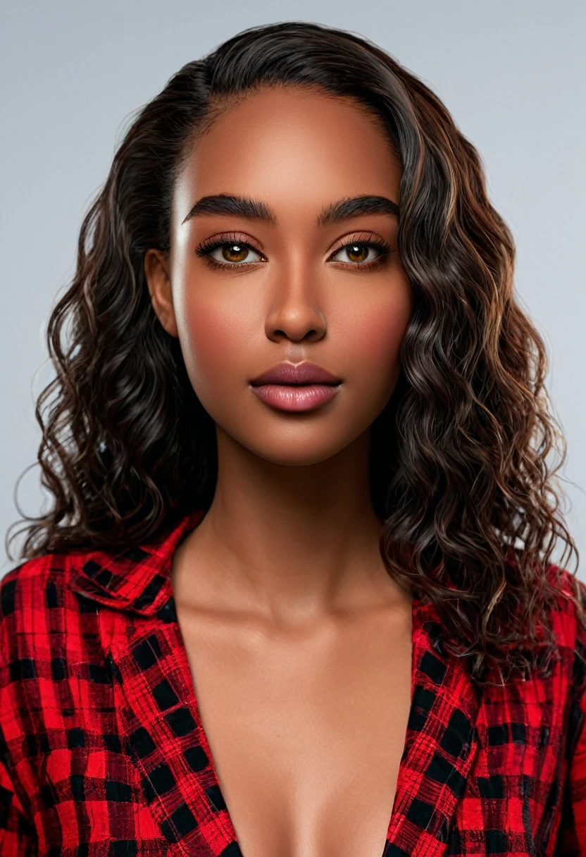A beautiful woman, beautiful Latin face, young Brazilian Nyvi Estephan, Brazilian supermodel, serene and elegant beauty, Angolan descent, young adult 30 years old, nerdy woman, tall woman, a stunning black woman, with indigenous features, beautiful indigenous girl, native Brazilian, ((An indigenous African girl with European ebony)), ((her beauty is undeniable)), beautiful young ebony with dark skin, tanned Mexican, black hair with brown highlights, black curly hair with brown highlights, voluminous black hair with Brown highlights, vibrant and dynamic cut with soft waves can add a modern and stylish touch. Has an exotic beauty with beautiful green eyes, realistic green eyes, bright green eyes, ultra detailed green eyes, ultra realistic green eyes, natural green eyes, ultra detailed iris, perfect eyes, perfect iris, hyper realistic eyes, eyeliner, long eyelashes and defined, penetrating gaze that conveys confidence, striking, powerful expression, strong presence, striking makeup, vibrant red lipstick, full lips, voluminous lips, seductive lips, captivating, striking, unforgettable, dazzling and mischievous smile, wide smile, your features are captivating , subtle smile on his lips. beautiful and detailed face, detailed skin texture, Notice her perfectly shaped eyebrows, which arch gracefully above her eyes, small nose that is proportionate to her face, and soft contour of her face that accentuates her high cheekbones. Beautiful and glowing skin, intricate details, smooth skin, healthy and radiant appearance, Attractive slim woman, Average bust, Average and beautiful breasts, athletic physique, flat stomach, slim waist, huge hips, wide hips, big ass, thick thighs, legs shapely concept art. She wears a red and black plaid shirt with long sleeves, a short black latex skirt and long black knee-high boots. 3D 4k, high resolution, full sharpness photo realistic, breathtaking, Lentille nette, Photographie professionnelle, Objectif 70mm, Unreal Engine 5, wallpaper, colorful