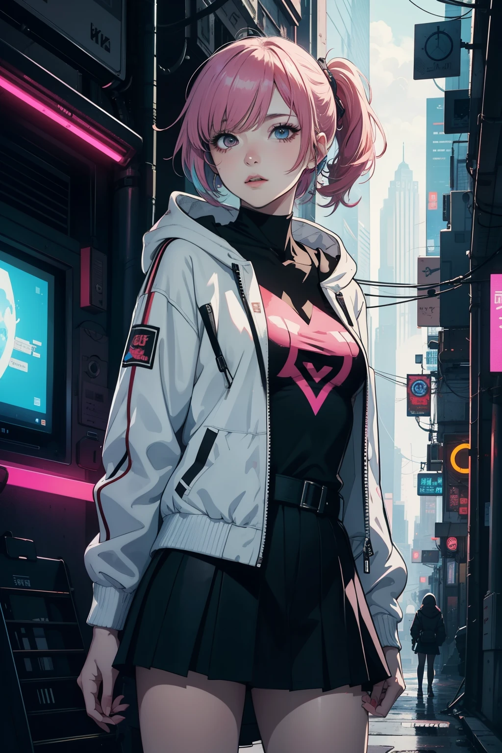 Create an anime-styled digital artwork featuring a cyberpunk inspired girl with pink hair wearing a white jacket and a black skirt. The first artwork should be in 4k resolution and depict the girl in a hoodie, giving off cyberpunk vibes. The second artwork should be in 8k resolution, showcasing an anime art wallpaper with a cyberpunk girl. Both artworks should have a high-quality anime artstyle and feature a portrait of a space cadet girl.