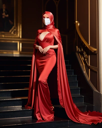 a woman in the silk red sack, mummified, tight full body tied, satin sheet, nipple on, satin hijab, full body, long satin,mermaid tight long gown, hidden face under fabric (no face), tall women, walk downstair, strugle to walk, flowing gown on stairs, dramatic haute gown, use high heels,