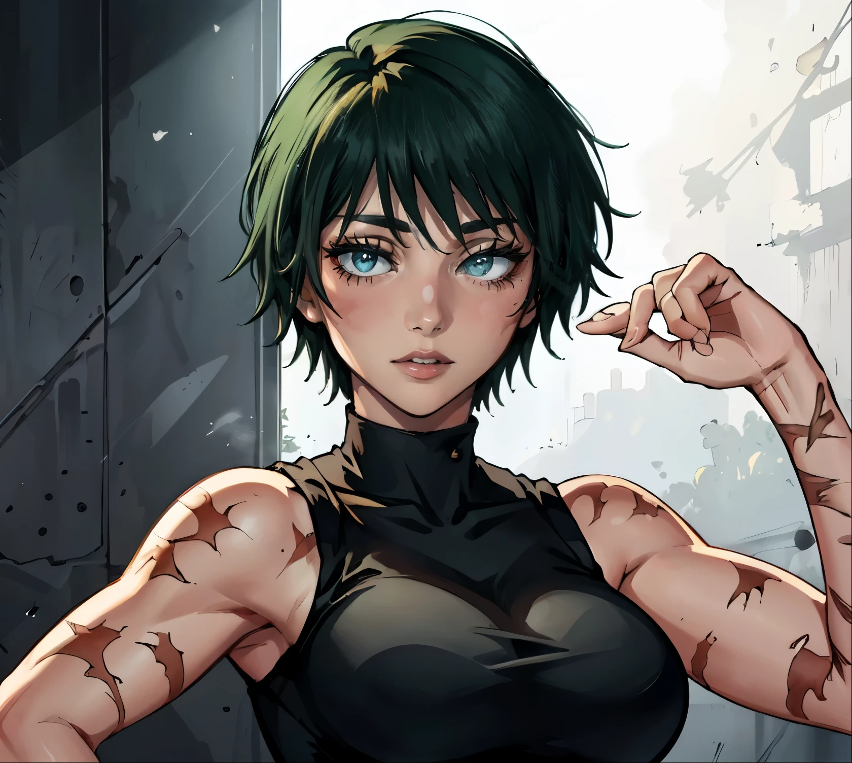 (masterpiece:1.2, best quality:1.2, beautiful, high quality, highres:1.1), 1girl, detailed, short hair, short fluffy hair, short green hair, extremely detailed 4K, perfect eyes, perfect face, visible bandaid, 1 eye, bandaid covering eye, other eye covered, eye covered with bandaid, circle arms, serious gaze, ready for battle, combat face, glasses, circle shaped glasses, yellow shiny eyes, yellow colored eyes, Bandaid on face, posing, hands, arms, scars on arms, scars on face, scars on cheek, bangs, really short hair, scars on body, Maki Zenin eyes, perfect eyes, scars on face, dangerous, eye patch, white bandage on eye, yellow colored eyes, exotica, scar on face, scar on cheeks, visible scars on cheeks, bandage on eye, scar on eye, Maki Zenin, scar on body, very short hair, circle glasses, dark scars on face, Maki Zenin LoRA, black shirt, scar on eye, scars, sleeveless, crop top, beautiful face, perfect lighting, (1girl, solo, adult female, mature female), thin, lithe body, Maki Zenin, green hair, glasses, (big breasts), ((sensual seductive))