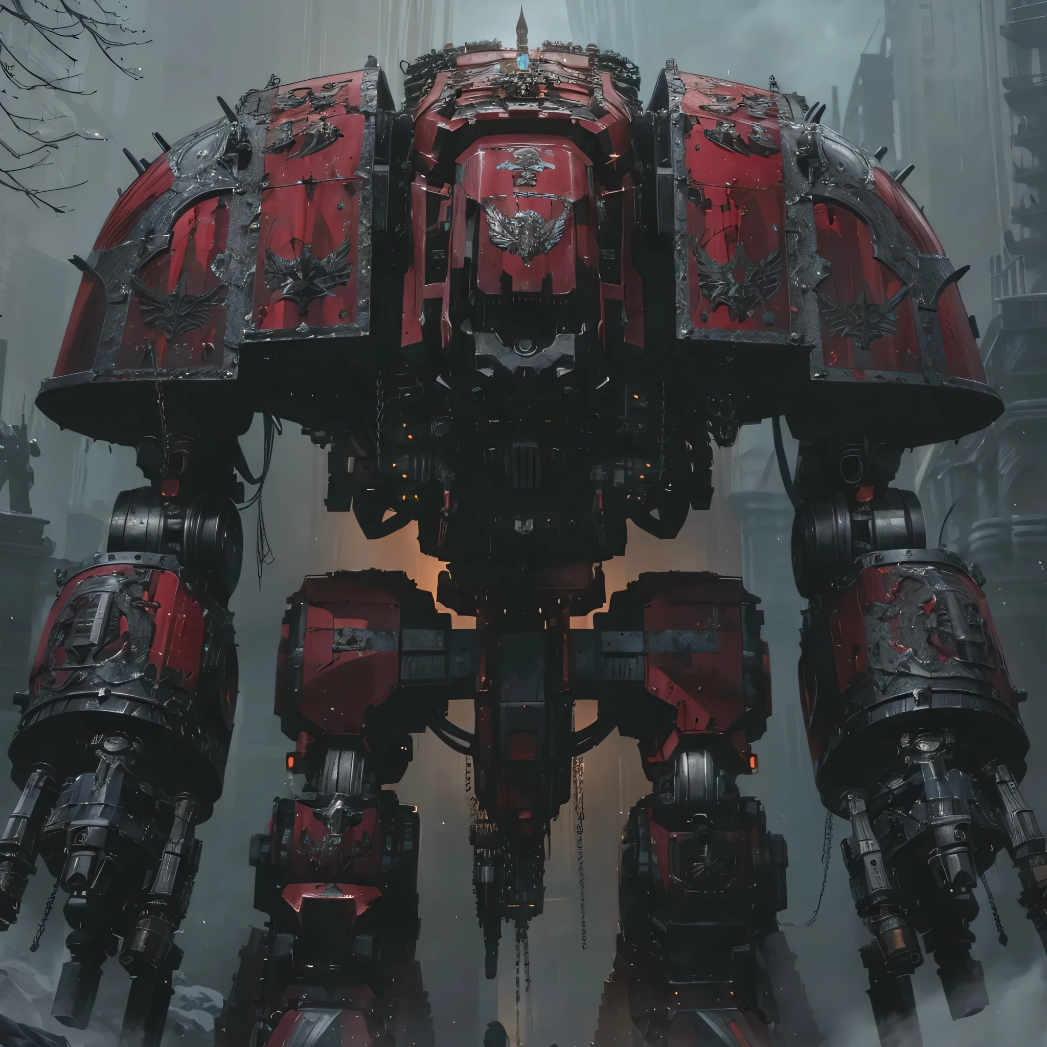 a massive imperator-class titan from warhammer 40k, highly detailed, intricate mechanical design, towering mech suit, massive scale, complex armored plating, powerful weapons systems, advanced technology, glowing energy core, cinematic lighting, dramatic pose, epic sci-fi setting, moody atmosphere, dark color palette, dramatic shadows, photorealistic, 8k, ultra-detailed, masterpiece