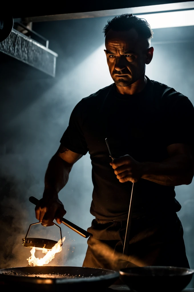 a man cooking meth, dangerous criminal activity, dark moody lighting, intense dramatic atmosphere, gritty realism, cinematic composition, chiaroscuro lighting, moody color palette, low key lighting, intense facial expression, tight cropped shot, extreme detail, photorealistic, 8k, best quality, masterpiece