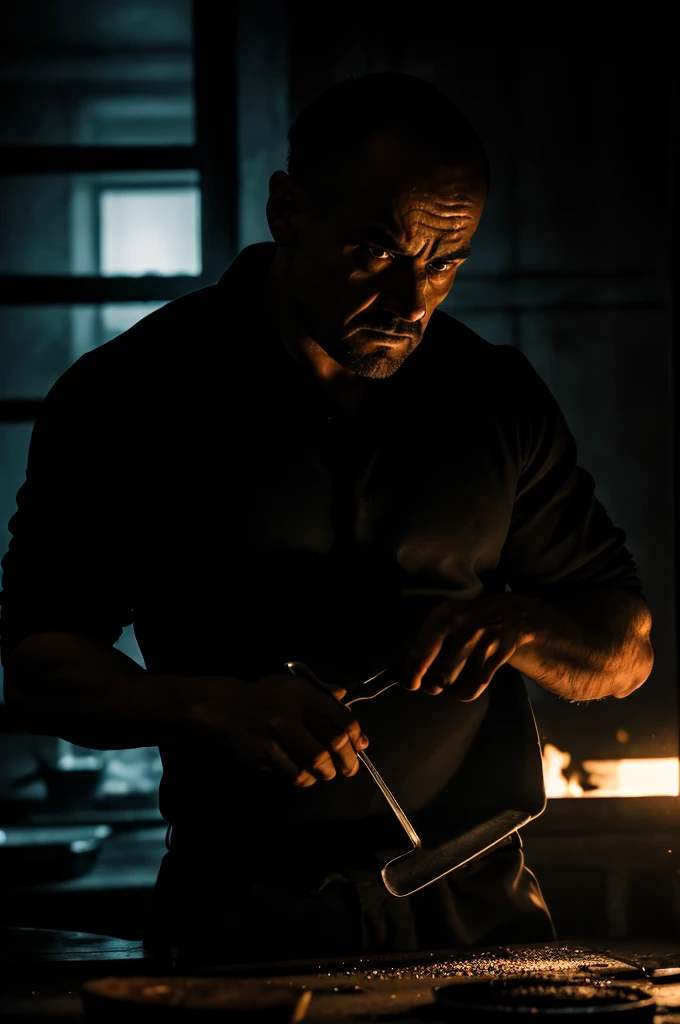 a man cooking meth, dangerous criminal activity, dark moody lighting, intense dramatic atmosphere, gritty realism, cinematic composition, chiaroscuro lighting, moody color palette, low key lighting, intense facial expression, tight cropped shot, extreme detail, photorealistic, 8k, best quality, masterpiece