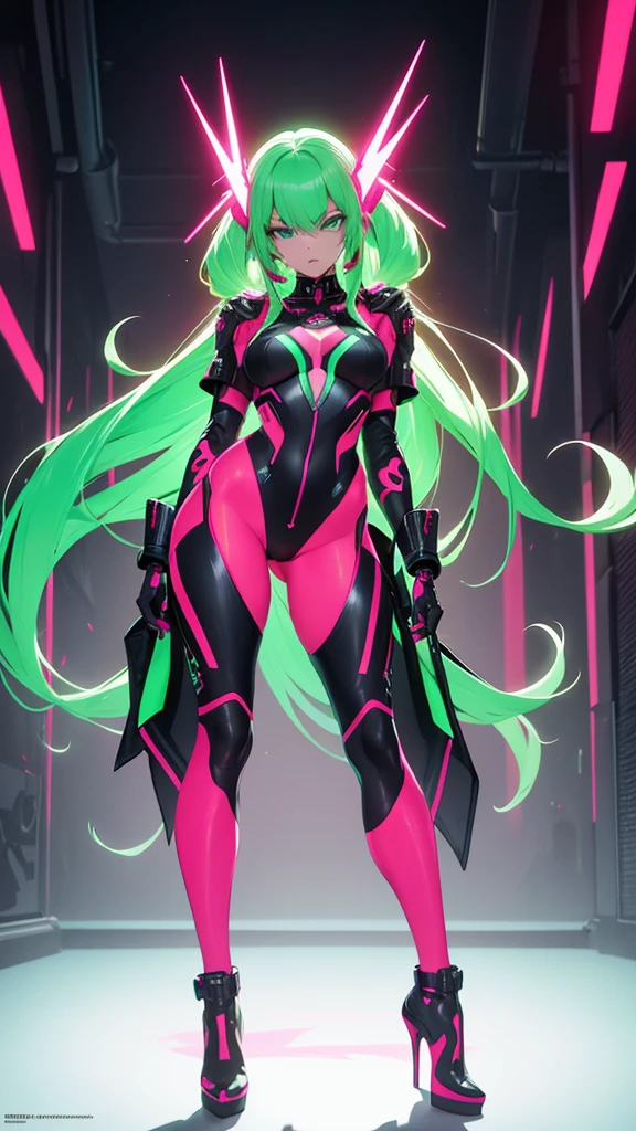 A woman in neon red and neon pink cybernetic outfit masterpiece, highest quality, (solo focus), (perfect face:1.1), (full body), (high detail:1.1), (hyper detailed eyes), dramatic, a woman with pale skin and long voluminous dark green hair, green eyes, solo, long hair, arrogant expression, heels, detailed background, art by artgerm, cinematic lighting, fashion, BalenciagaStyle
