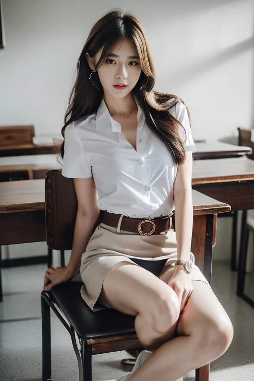 (8K, high resolution,Masterpiece, best quality, alone, complicated details, Chromatic aberration), realistic, ((Big chests)), ((chest)), ((chest)), (chestหย่อนคล้อย.), hair in one eye, big round hoop earrings, Diamond choker, Gold Necklace, silver necklace, small watch, bangle, bracelet, bangleข้อเท้า, waist necklace, (symmetrical eyes),(Perfect symmetrical body), (Photo of a beautiful age girl in her 20s.), Beautiful and charming with contemporary fashion paintings as well..., looking at the audience, ((Behind the scenes of a large classroom)), (black short skirt), (((blue jacket., ((white short sleeve shirt,to break out), (open your shirt.), )), (เปิดchest), (chestหย่อนคล้อย.))), (()), (Long square leather belt buckle), ((Put your hands down.)), (Bob, medium length hair,big curls, Side flatness, Golden blonde brown hair, (There is a thin layer of hair covering the face...)), sharp eyeliner, eyelid, Blush, have thick eyelashes, sharp eyes, purple eyes, pink cheeks, Very delicate and beautiful, round chin, Sharp focus, elegant, (sitting on the study table..), (Sit with your legs spread apart., feet free, Showing off faint underwear), (), (Close-up full body photo, Saw black stilettos.)