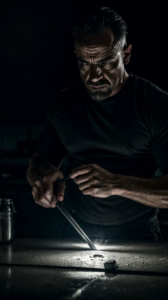 a man cooking meth, dangerous criminal activity, dark moody lighting, intense dramatic atmosphere, gritty realism, cinematic composition, chiaroscuro lighting, moody color palette, low key lighting, intense facial expression, tight cropped shot, extreme detail, photorealistic, 8k, best quality, masterpiece