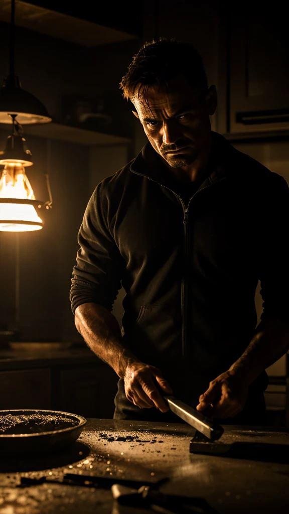 a man cooking meth, dangerous criminal activity, dark moody lighting, intense dramatic atmosphere, gritty realism, cinematic composition, chiaroscuro lighting, moody color palette, low key lighting, intense facial expression, tight cropped shot, extreme detail, photorealistic, 8k, best quality, masterpiece