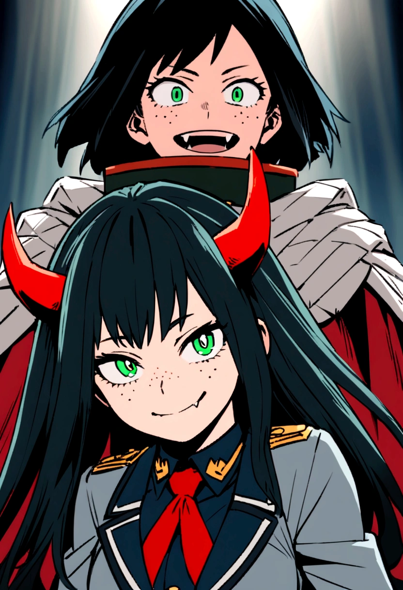 Screenshot of boku no hero academia beautiful dragon girl with four red horns very long black hair green eyes with freckles wearing red tie uniform and gray jacket smiling showing sharp fangs looking at the camera head on