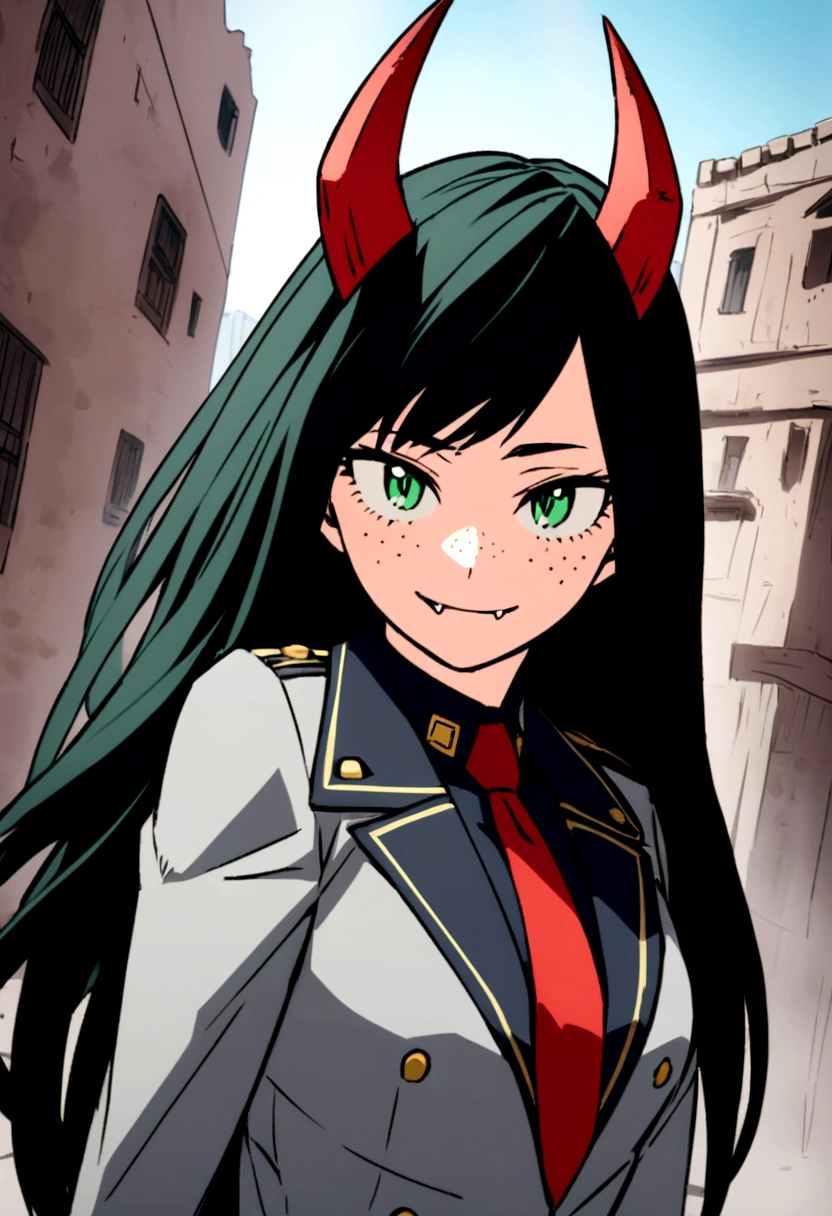 Screenshot of boku no hero academia beautiful dragon girl with four red horns very long black hair green eyes with freckles wearing red tie uniform and gray jacket smiling showing sharp fangs looking at the camera head on