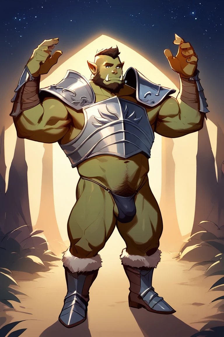 score_9, score_8_up, score_7_up, solo, male focus, mature male, orc, green skin, tusks, beard, outdoors, micro armor , shoulder armor, breastplate, upper body, closed mouth, pauldrons, night, night sky , (( micro-thong:_Pattern_designs_thongs_perspire_massive pec_Get wet all over your body)) , full body , boots , bulge , laying spread legs , legs up , His body was wet with cum