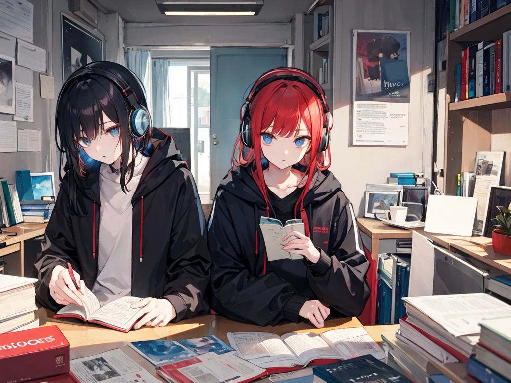 A slender man with black hair is reading a book in a slightly messy room.、Next to him, a redhead woman is relaxing with headphones on.。Cloudy、Both are 29 years old