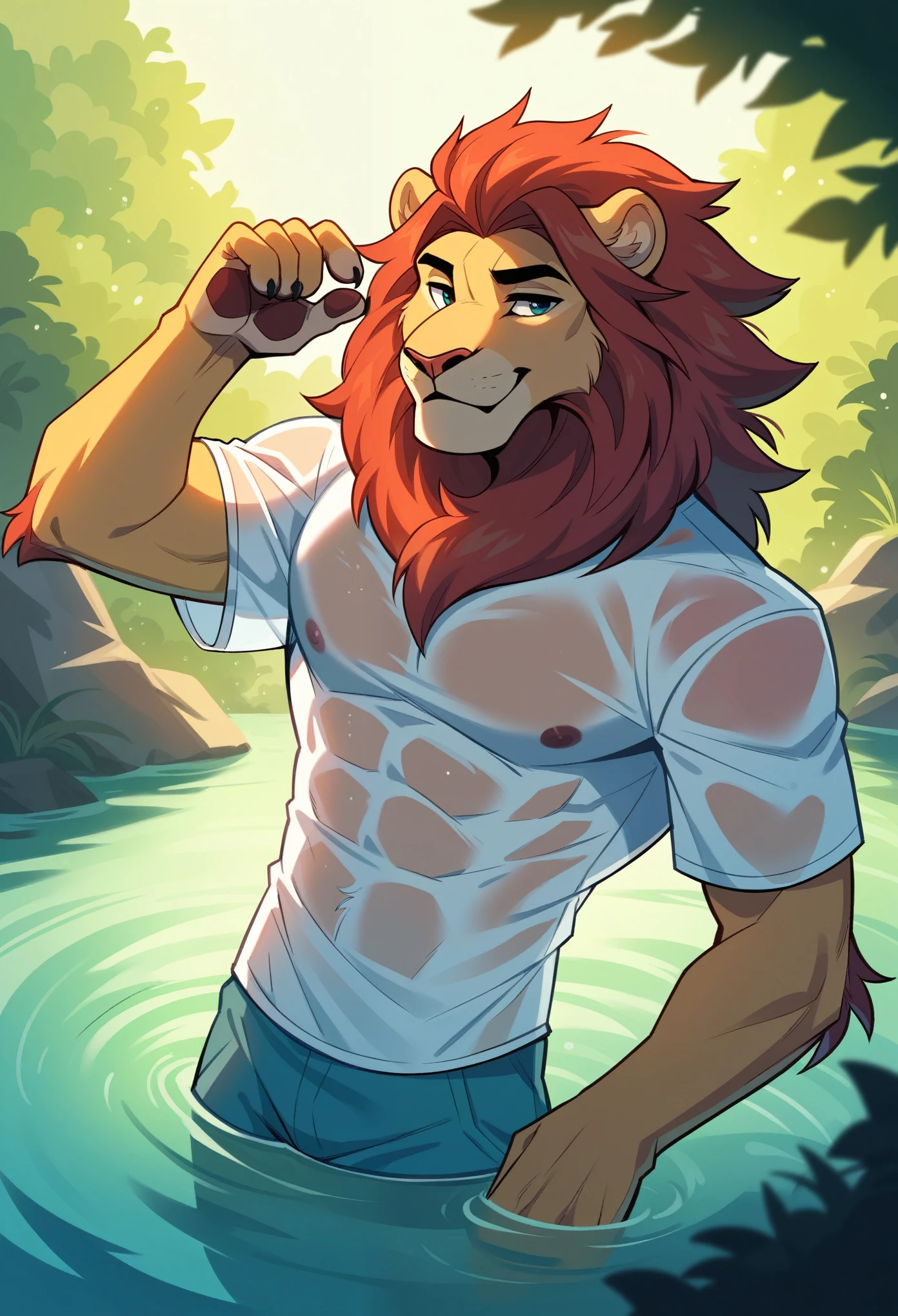 cover page, highres, top quality, best quality, paid reward available, unparalleled masterpiece, perfect artwork, absurdres, High-quality illustrations, bathing in water, beautiful refraction of water, shirt soaked in water, transparent clothing, Rich colors, Dreamy, mystical, erotic, dynamic and intricately defined muscular physique(In the forest where the stream flows, Backlighting)perfect anatomy(angelic cute 1boy)(Furry, Solo focus)(furry anthro, furry body, Facial features of male lion, Features of the male lion body)(portrait)cinematic lighting, dynamic angle,
