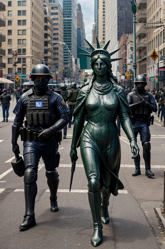 Statue of liberty caught by armoured police,walking along streets 