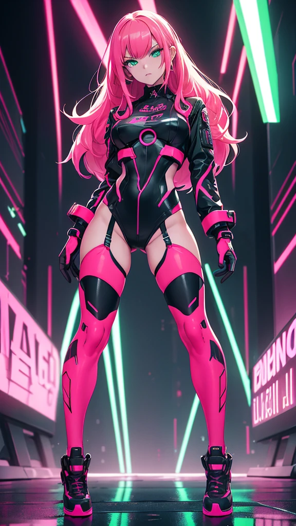 A woman in neon red and neon pink cybernetic outfit masterpiece, highest quality, (solo focus), (perfect face:1.1), (full body), (high detail:1.1), (hyper detailed eyes), dramatic, a woman with pale skin and long voluminous dark green hair, green eyes, solo, long hair, arrogant expression, heels, detailed background, art by artgerm, cinematic lighting, fashion, BalenciagaStyle