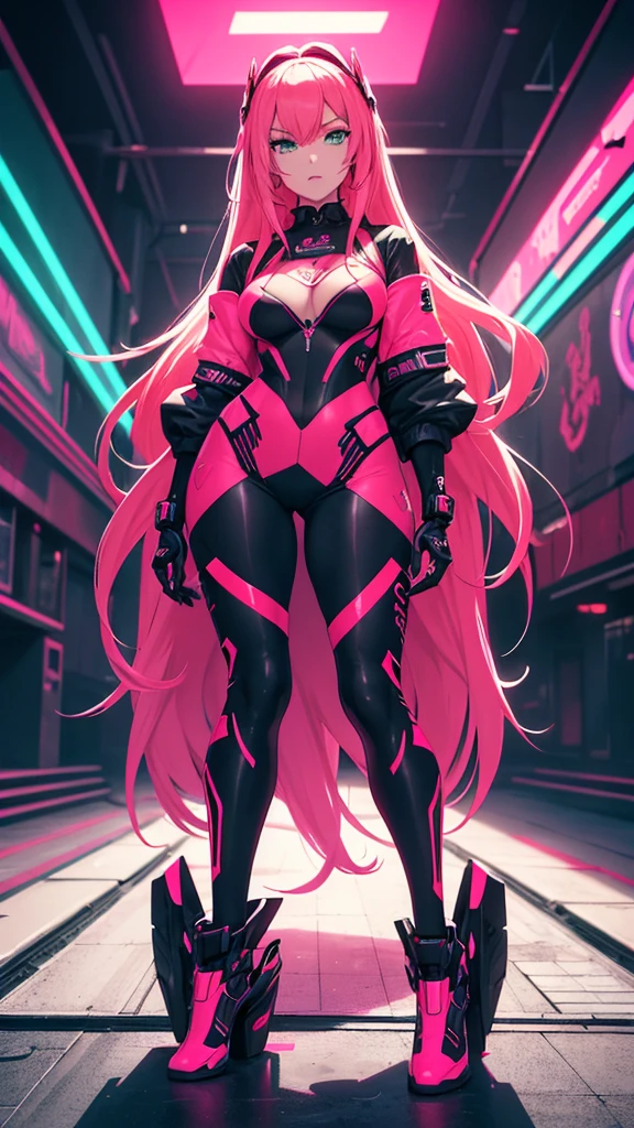A woman in neon red and neon pink cybernetic outfit masterpiece, highest quality, (solo focus), (perfect face:1.1), (full body), (high detail:1.1), (hyper detailed eyes), dramatic, a woman with pale skin and long voluminous dark green hair, green eyes, solo, long hair, arrogant expression, heels, detailed background, art by artgerm, cinematic lighting, fashion, BalenciagaStyle