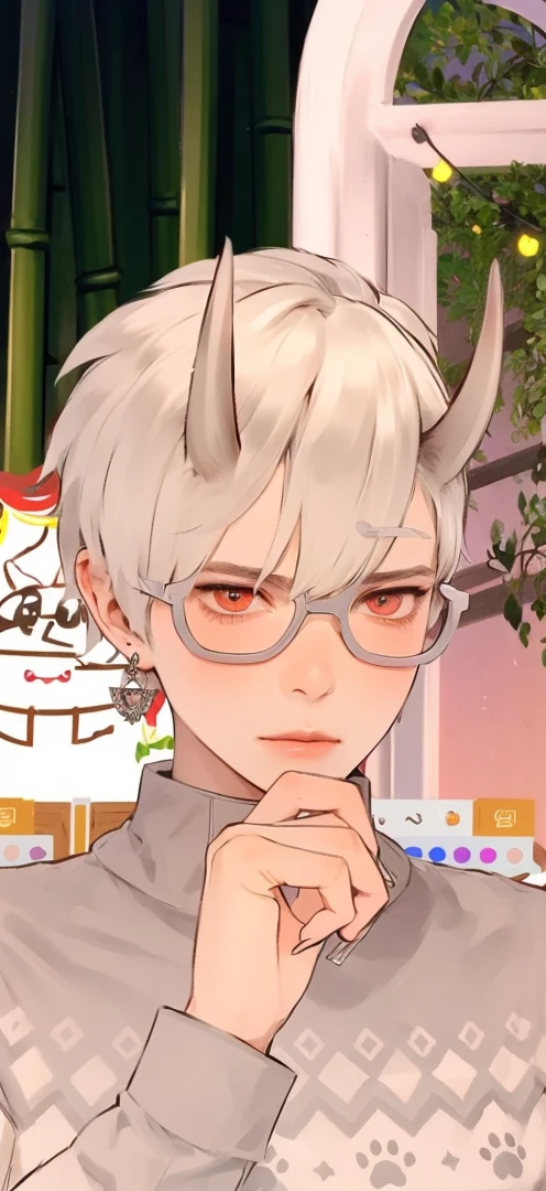 masutepiece, Best Quality, 1 boy, Short hair, Silver hair, sharpteeth, tusk,Choker,Red eyes,Black leather shirt, blush, western building, charicature, Looking at Viewer, Dog ears are attached on the head