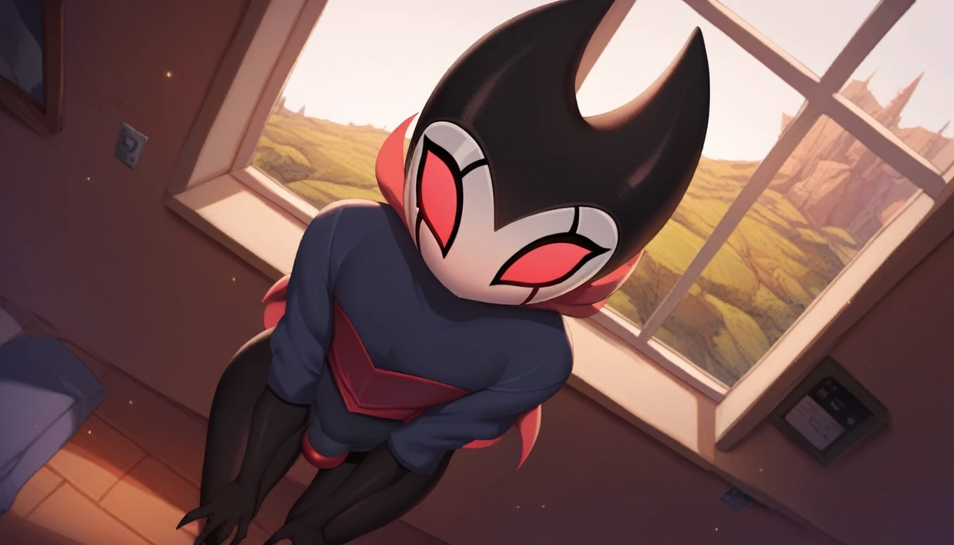 score_9, score_8_up, score_7_up, score_6_up, zPDXL2, grimm \(hollow knight\), vampire, bat, 1boy, solo, cute face, detailed eyes, anthro, clothed, background, near the window, landscape, looking at the viewer, femboy, angle from above, highlight thighs, curvy body, black glasses