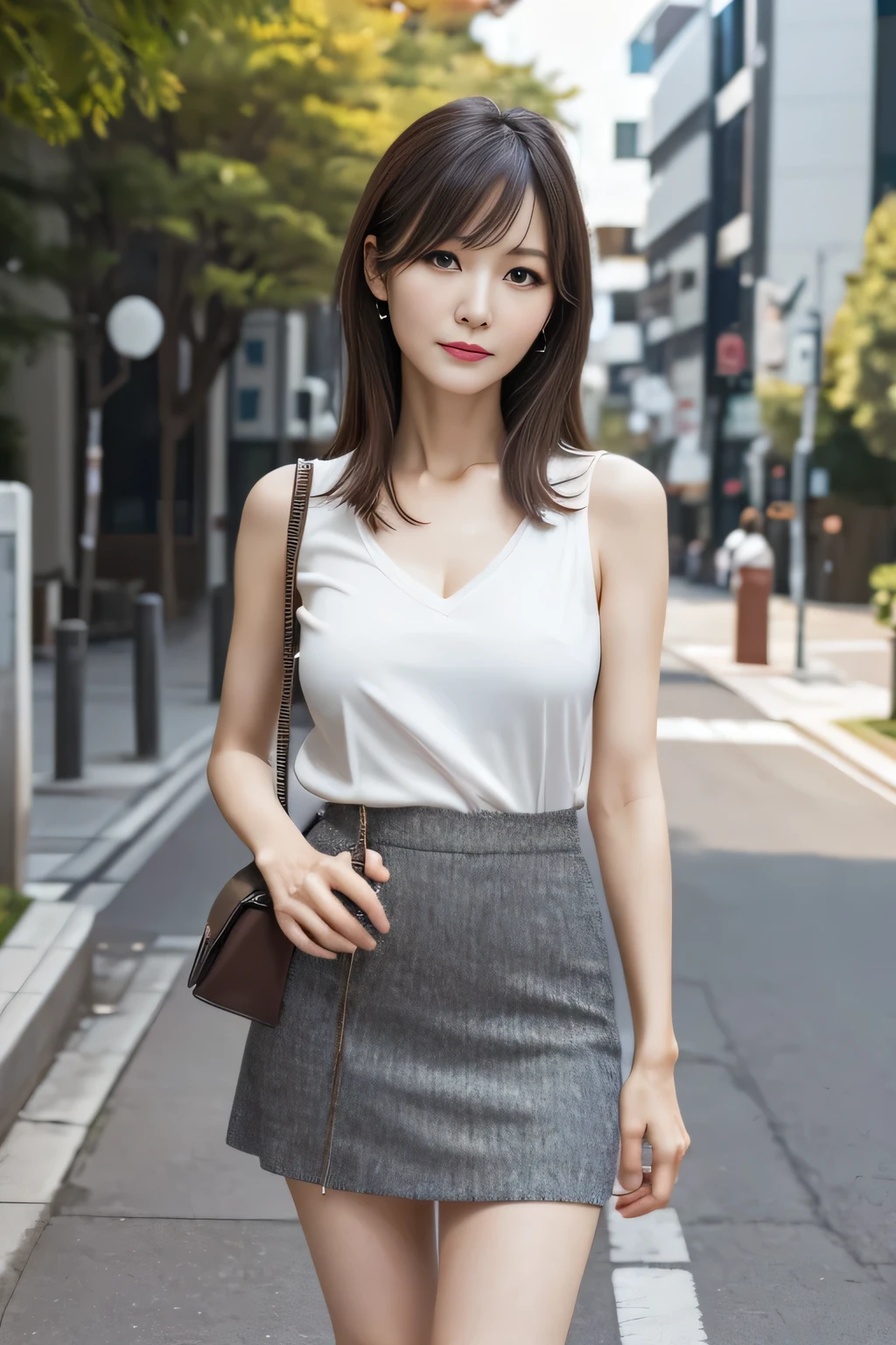 ,(full body:1.2),realistic,(ultra quality:1.2),japanese,high quality,masterpiece,(ultra detailed:1.4),50yo japanese lady,beautiful eye,beautiful face,(slender:1.6),highres,make up,mini-skirt ,small breast,V-neck