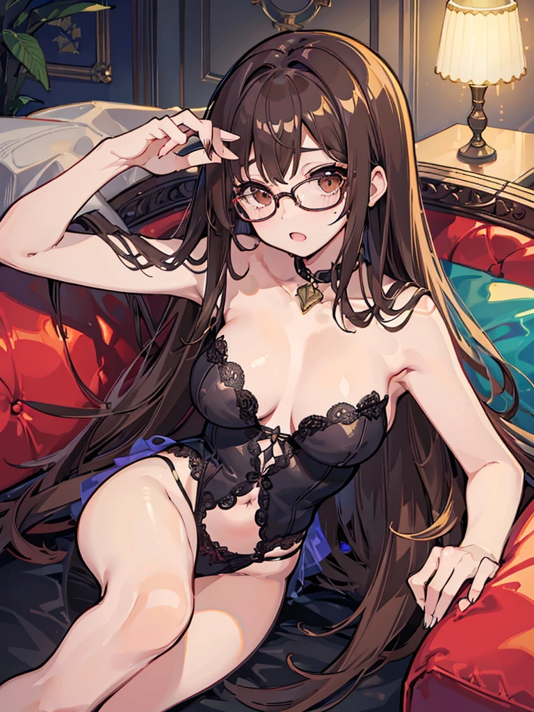 NSFW、1 Female、Brown hair、Brown Eyes、Best Quality、Super detailed、8 Resolution、Raw photo、Mastepiece、Perfect Body、high resolution、Highest quality、Detailed drawing、Vibrant colors、lure、Long Hair、Black-rimmed glasses、Captivating breasts、lingerie、Lying on the sofa