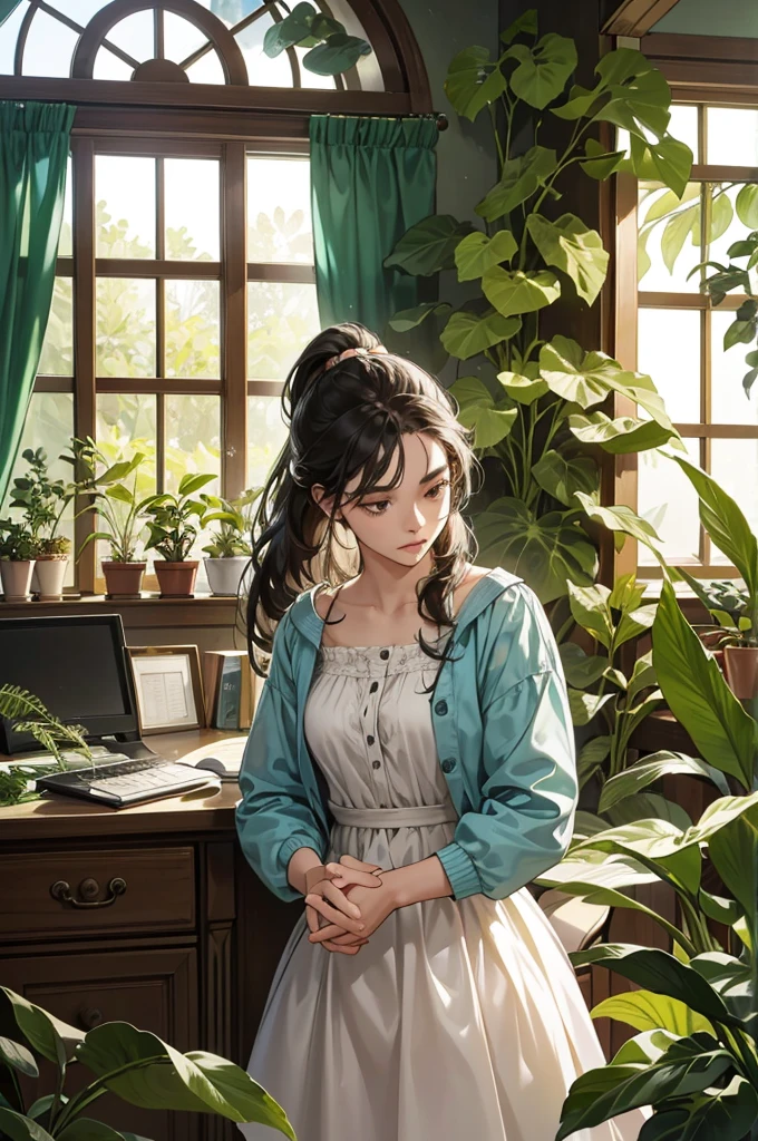 Best image quality, high resolution, 8K, realistic representation in every detail, photorealism. In a room bathed in natural light, a desk is carefully arranged in a miniature jungle. Shelves overflow with clay pots, each housing a different variety of medicinal plants. At the center of this domestic ecosystem, a 28-year-old, African woman focuses on her study computer. Her name is Nya a data science student, passionate about the technology, books and medicinal secrets of plants. Her long braided dreadhair is pulled back into a casual ponytail, with a few wavy strands framing her face. her black eyes shine with insatiable curiosity. Clad in a simple floral dress, she seems perfectly at ease among her precious botanical discoveries. Each plant is a puzzle to solve, and each leaf a story to tell. For her, the desk is much more than just a workplace; it's her laboratory, her sanctuary, her playground. As her agile fingers carefully manipulate the leaves and petals, she loses herself in thought, imagining the endless possibilities these plants could offer to medicine. But behind her apparent tranquillity lies a fierce determination. For Leslie, the plant world still holds so many secrets to uncover, and she is ready to discover them, one plant at a time. detail eyes and hands.