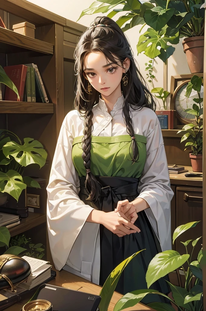 Best image quality, high resolution, 8K, realistic representation in every detail, photorealism. In a room bathed in natural light, a desk is carefully arranged in a miniature jungle. Shelves overflow with clay pots, each housing a different variety of medicinal plants. At the center of this domestic ecosystem, a 28-year-old, African woman focuses on her study computer. Her name is Nya a data science student, passionate about the technology, books and medicinal secrets of plants. Her long braided dreadhair is pulled back into a casual ponytail, with a few wavy strands framing her face. her black eyes shine with insatiable curiosity. Clad in a simple floral dress, she seems perfectly at ease among her precious botanical discoveries. Each plant is a puzzle to solve, and each leaf a story to tell. For her, the desk is much more than just a workplace; it's her laboratory, her sanctuary, her playground. As her agile fingers carefully manipulate the leaves and petals, she loses herself in thought, imagining the endless possibilities these plants could offer to medicine. But behind her apparent tranquillity lies a fierce determination. For Leslie, the plant world still holds so many secrets to uncover, and she is ready to discover them, one plant at a time. detail eyes and hands.