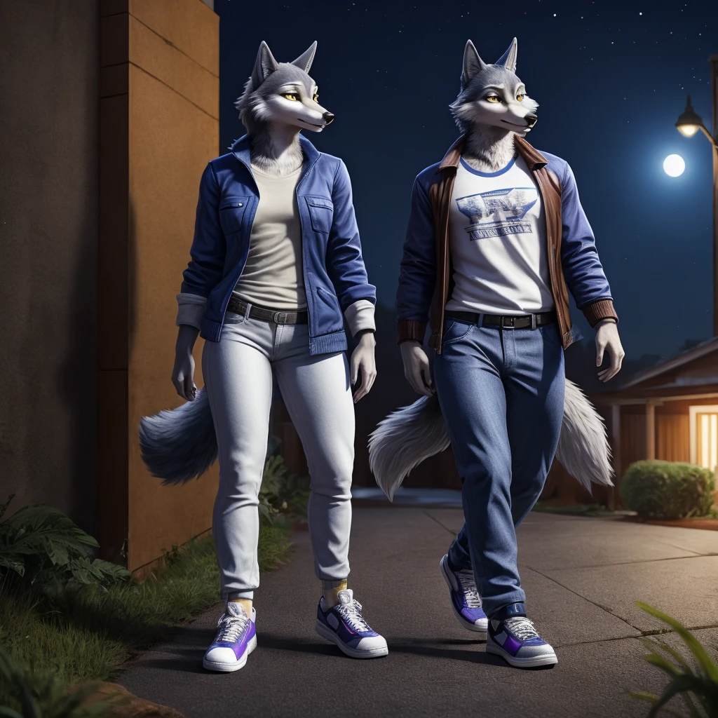 Porsha is a tall Arctic-gray wolf with yellow eyes and bluish-grey and white fur. She wears purple sunglasses, a dark blue jacket with multicolored accents, yellow trousers, grey and white sneakers, and a blue vintage t-shirt. anthro wolf, female, adult, blue fur, buffed body, tail, sexy, beefy body, furred body, furry chest hair, realistic, full body, photorealistic, ultra realistic, 8k, night, bare-chested, in back turned posing