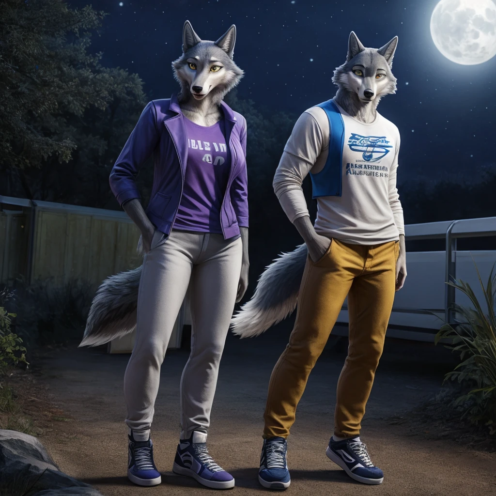 Porsha is a tall Arctic-gray wolf with yellow eyes and bluish-grey and white fur. She wears purple sunglasses, a dark blue jacket with multicolored accents, yellow trousers, grey and white sneakers, and a blue vintage t-shirt. anthro wolf, female, adult, blue fur, buffed body, tail, sexy, beefy body, furred body, furry chest hair, realistic, full body, photorealistic, ultra realistic, 8k, night, bare-chested, in back turned posing