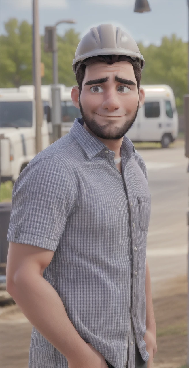 A dark-haired man with, with a work helmet, wearing a dress shirt, with his hands in his pocket, standing in a work