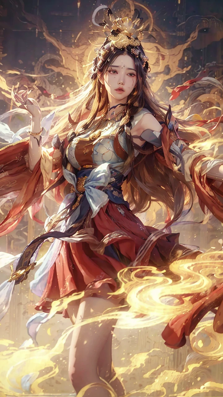 (RAW photo, best quality), (realistic, photo-realistic:1.3),best quality,highly detailed,masterpiece,ultra-detailed,illustration,1girl,upper_body,dynamic angle,world masterpiece theater,messy_long_hair,best quality,extremely detailed CG unity 8k wallpaper,ink,Amazing,cinematic lighting,lens_flare,,dunhuang_style