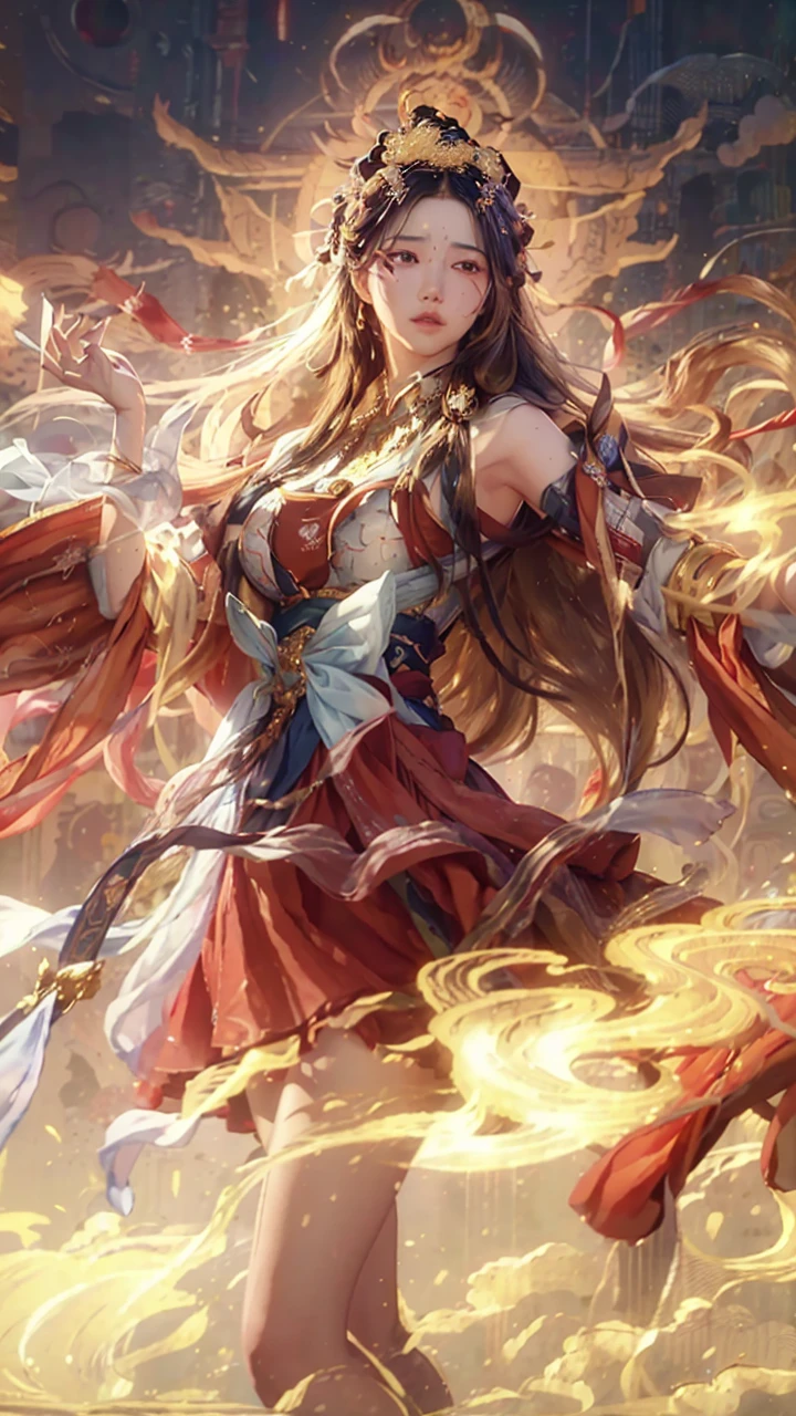 (RAW photo, best quality), (realistic, photo-realistic:1.3),best quality,highly detailed,masterpiece,ultra-detailed,illustration,1girl,upper_body,dynamic angle,world masterpiece theater,messy_long_hair,best quality,extremely detailed CG unity 8k wallpaper,ink,Amazing,cinematic lighting,lens_flare,,dunhuang_style