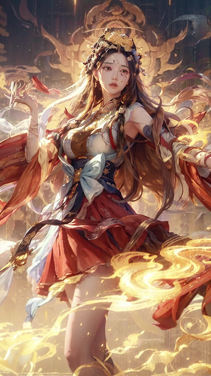 (RAW photo, best quality), (realistic, photo-realistic:1.3),best quality,highly detailed,masterpiece,ultra-detailed,illustration,1girl,upper_body,dynamic angle,world masterpiece theater,messy_long_hair,best quality,extremely detailed CG unity 8k wallpaper,ink,Amazing,cinematic lighting,lens_flare,,dunhuang_style