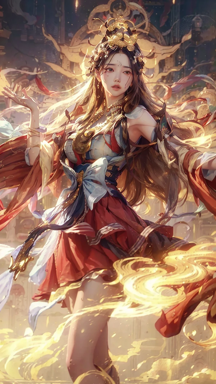 (RAW photo, best quality), (realistic, photo-realistic:1.3),best quality,highly detailed,masterpiece,ultra-detailed,illustration,1girl,upper_body,dynamic angle,world masterpiece theater,messy_long_hair,best quality,extremely detailed CG unity 8k wallpaper,ink,Amazing,cinematic lighting,lens_flare,,dunhuang_style