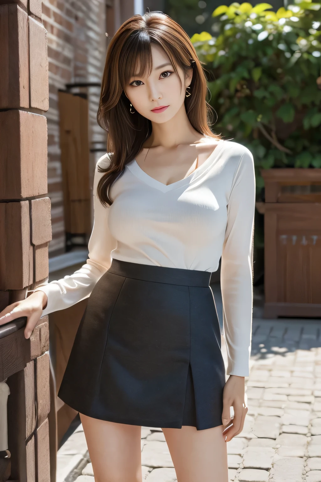 (stoop:1.5),(full body:1.2),realistic,(ultra quality:1.2),japanese,high quality,masterpiece,(ultra detailed:1.4),50yo japanese lady,beautiful eye,beautiful face,(slender:1.6),highres,make up,mini-skirt ,small breast,V-neck
