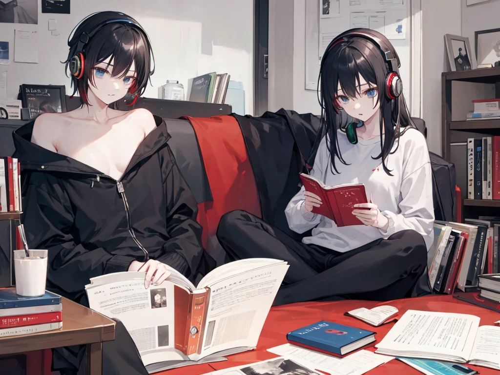 A slender man with black hair is reading a book in a slightly messy room.、Next to him, a redhead woman is relaxing with headphones on.。Both are 29 years old