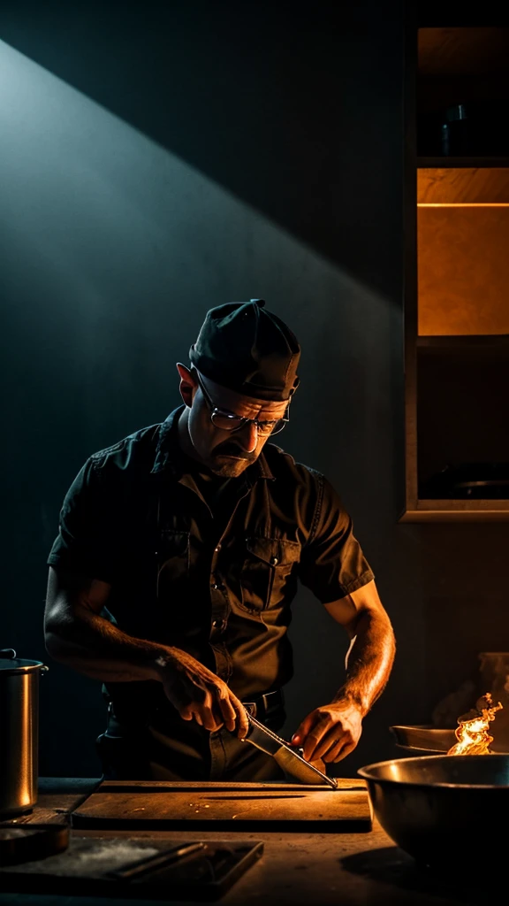 A man cooking meth while on a phone call, highly detailed, high quality, cinematic lighting, gritty realistic, dark moody atmosphere, chiaroscuro lighting, dramatic shadows, moody blues and oranges, breaking bad, crime drama, hyper-realistic, 8k, cinematic composition, professional photography