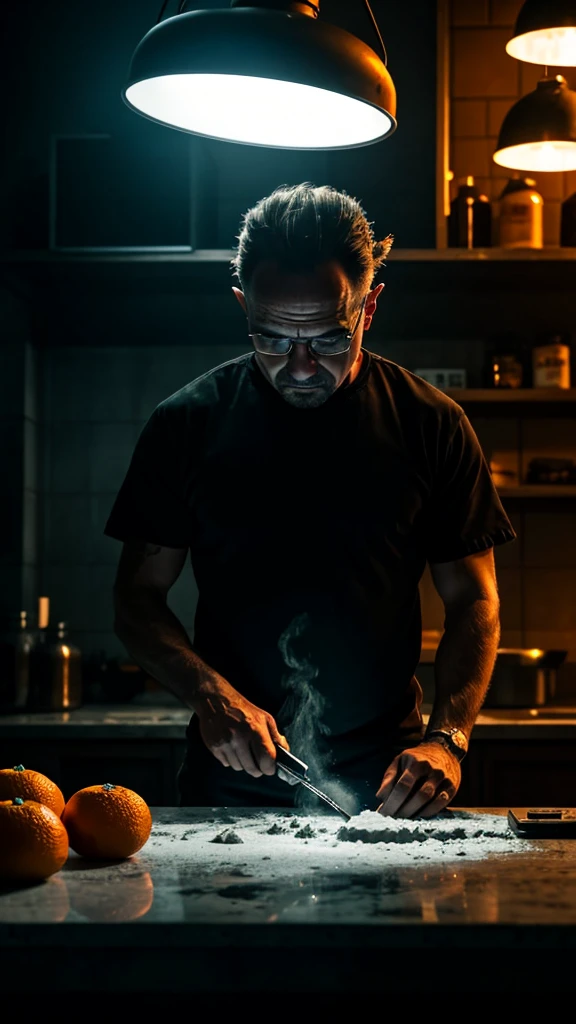 A man cooking meth while on a phone call, highly detailed, high quality, cinematic lighting, gritty realistic, dark moody atmosphere, chiaroscuro lighting, dramatic shadows, moody blues and oranges, breaking bad, crime drama, hyper-realistic, 8k, cinematic composition, professional photography