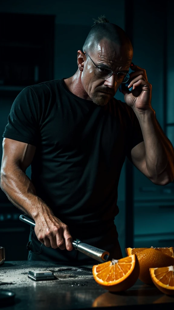 A man cooking meth while on a phone call, highly detailed, high quality, cinematic lighting, gritty realistic, dark moody atmosphere, chiaroscuro lighting, dramatic shadows, moody blues and oranges, breaking bad, crime drama, hyper-realistic, 8k, cinematic composition, professional photography