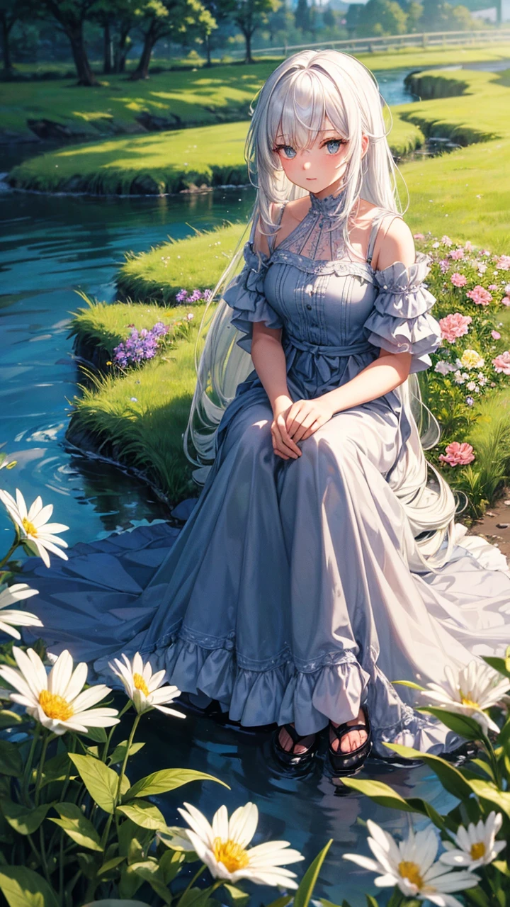 (masterpiece, top quality), A girl with white hair sits in a field of green plants and flowers, warm moonlight, Blurred foreground, change, River bank, shorts, Strange eyes