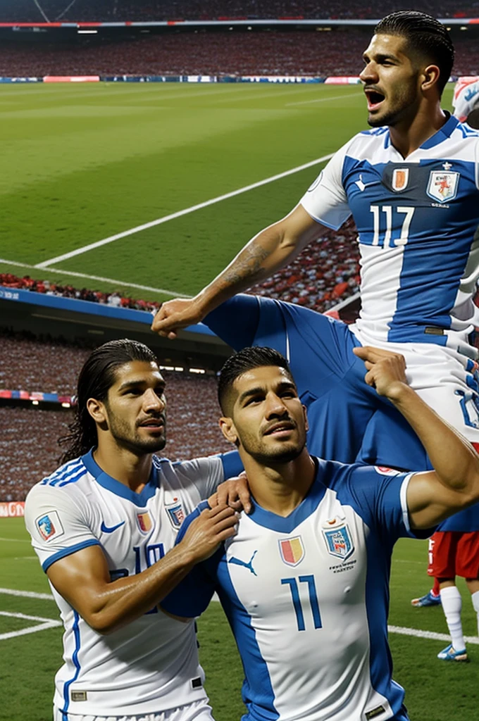 Make a cartoon of Uruguay vs Panama in a stadium in the United States with Suárez from Uruguay and Luis Mejia from Panama