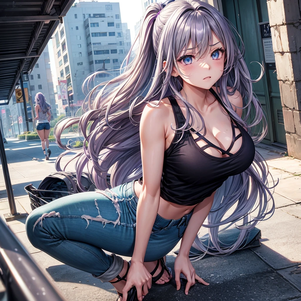 create a full body image shoujo anime panel of a woman, long wavy gray hair with purple highlights, intense turquoise eyes, with a black tank top and short jeans with only the arms and knees all grated and bruised, expression of pain