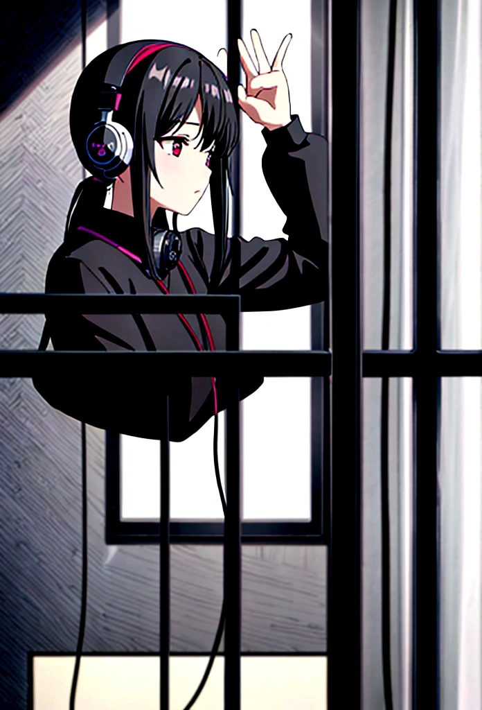 8K,Best Quality, Masterpiece,girl、Black Hair、long、heroine、Music Studio、Wearing headphones、Audio Recording