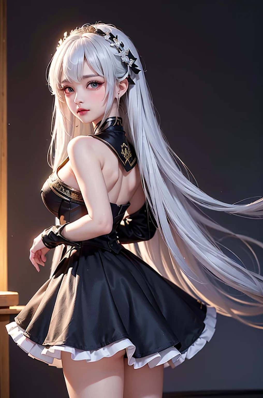 (Upper body image)((masterpiece:1.5,Highest quality,Highly detailed images,Beautiful images、Realistic、Photorealistic、2.5D))(1girl, solo)(Adult women、large breasts, white hair, beautiful eyes, Healthy legs、Tight ass、A little bit of her butt is visible through the slit、Beautiful cleavage)(Fantasy dresses、Fantasy Clothes、Black battle dress、black dress:1.5, Deep slit)(smile, wind, floating hair)(bright、Soft lighting、Inside the castle、The King's Chamber)from behind