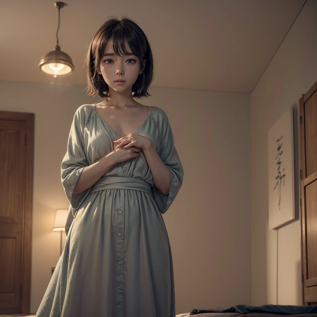work of art, high resolution, illustration, Kyoto animation style, your name is movie style, natta, midnatta, Lumiere, (1womanl: 1.3), (standing alone: 1.4), long eyelashes, short bob, Blushing Nose, futon, lying down, Kale, close do rosto, hide your chest with your hands, hide with your hands,
