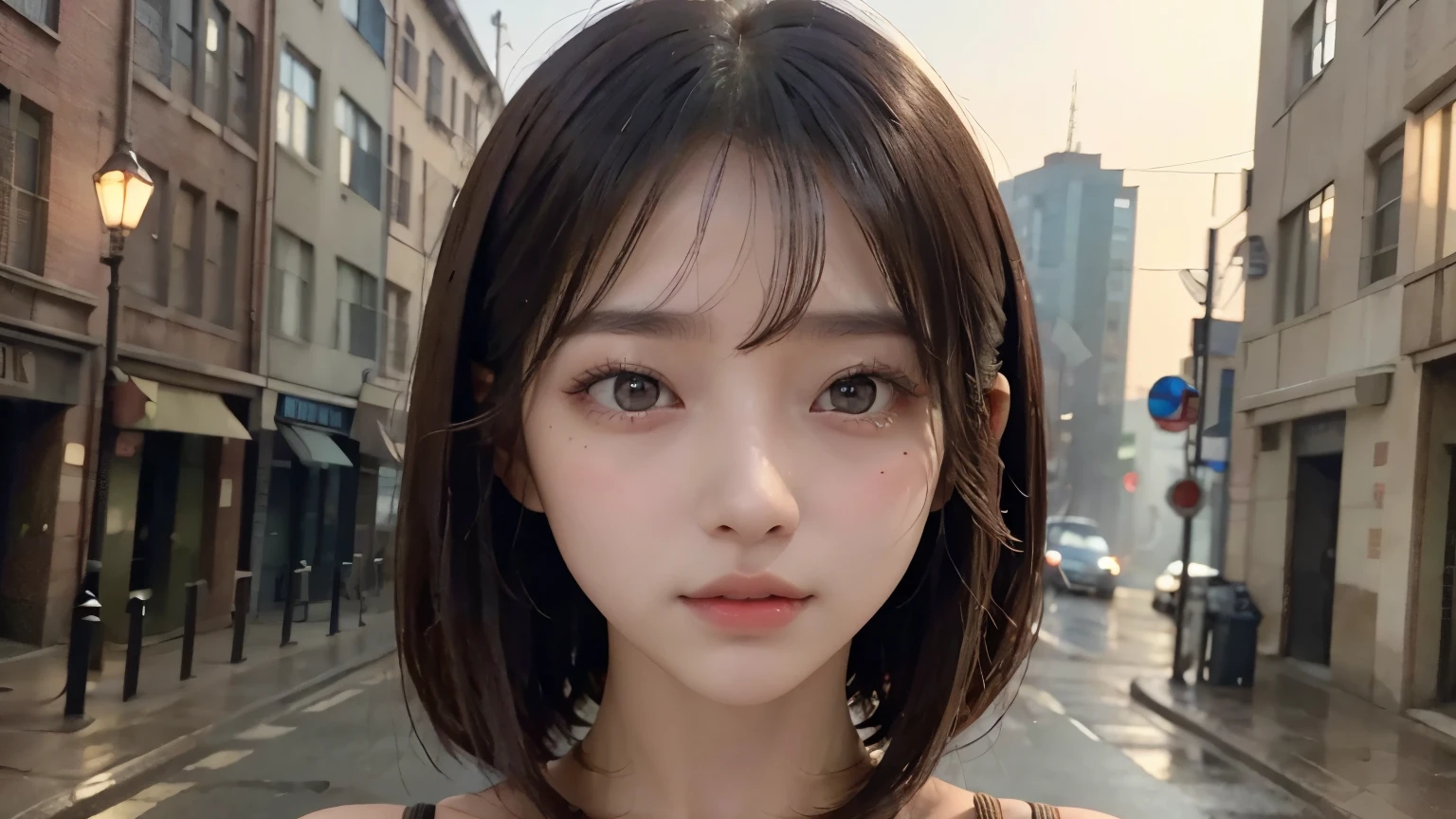 Upper body close-up image.A beautiful woman. Dark brown hair. Twenty years old. Beautiful double eyes. The bridge of my nose. Well-shaped lips. She is looking at the camera with a tense expression. She is standing in a dark, deserted city filled with thick fog.