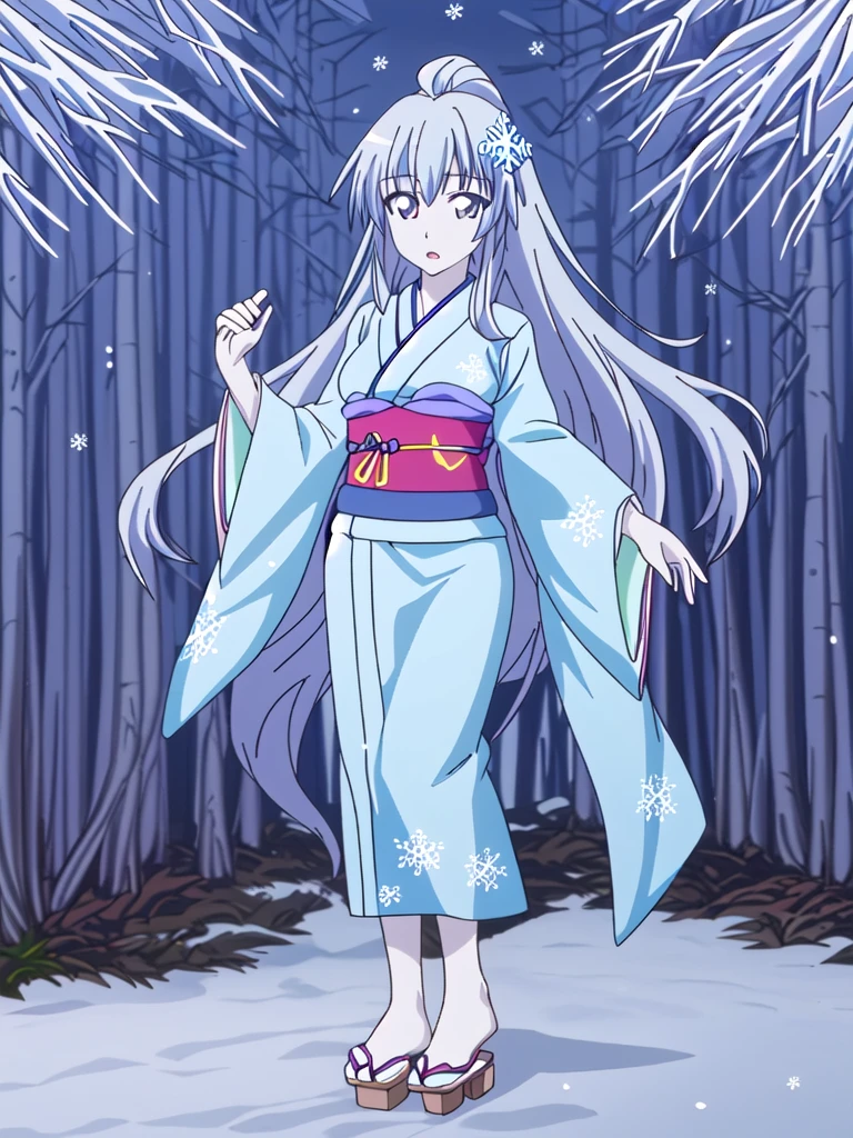 Standing portrait, full body, anime style, anime CG style, gal game CG style, pale skin, single woman, woman around 40 years old, adult woman, mature woman, pastel blue hair, long hair, standard bust, normal bust, medium bust, snowflake hair ornament, snowflake accessories, snow patterned kimono, women's geta, bare feet, masterpiece, high resolution, high quality, plain transparent background,